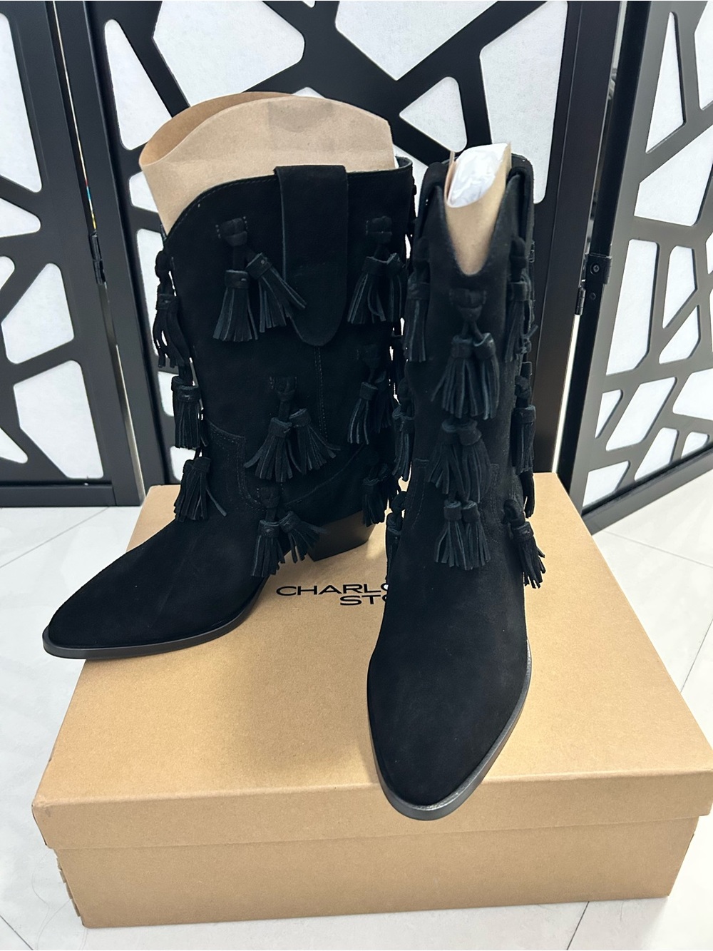 Charlotte Stone Black Suede Tassel Mid-Calf Heeled Boots